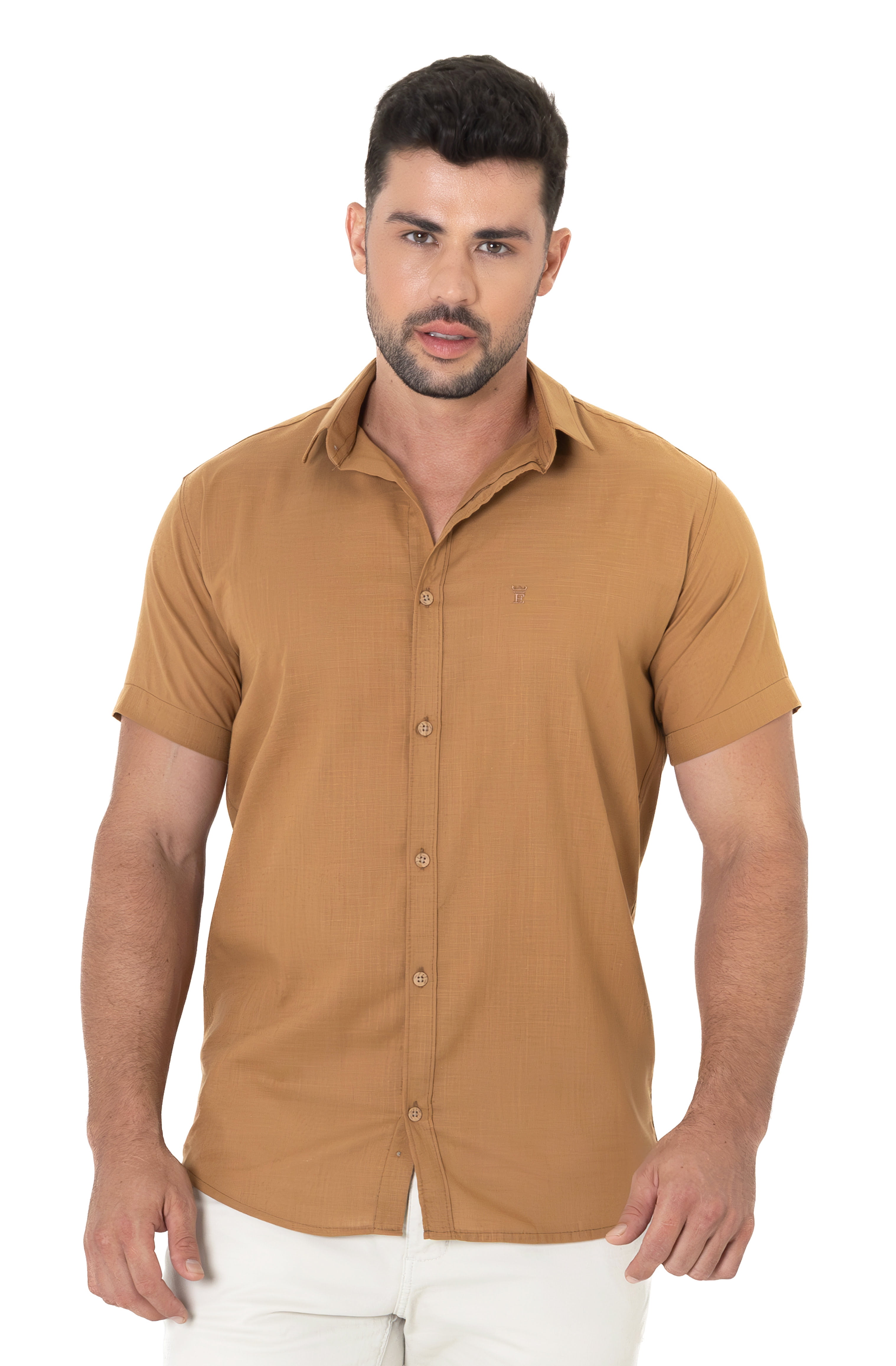 Camisa Social Manga Curta Ocre Estilo e Clássico