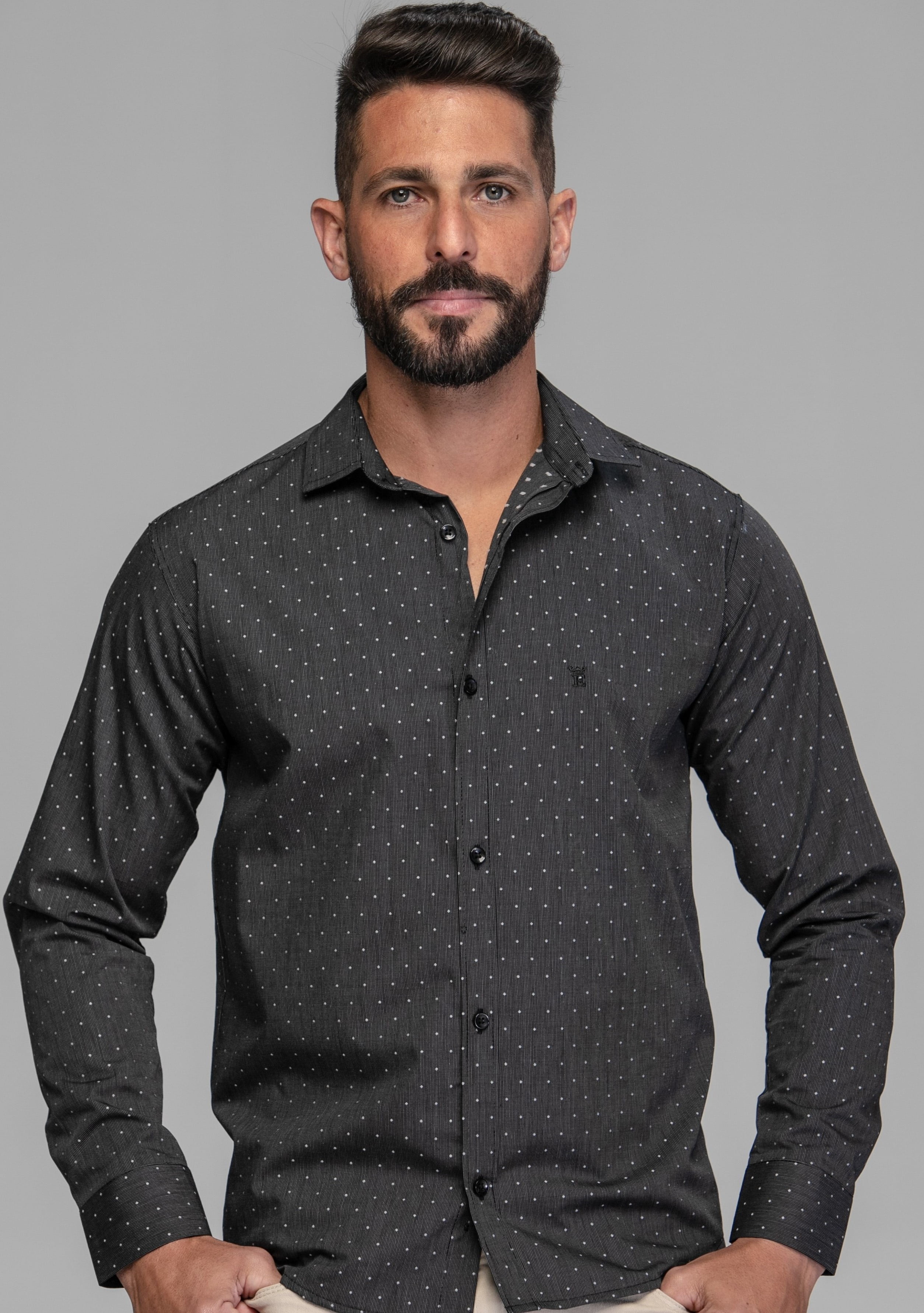 CAMISA MASCULINA SOCIAL SLIM FIT MANGA LONGA POÁ BLACK PREMIUM