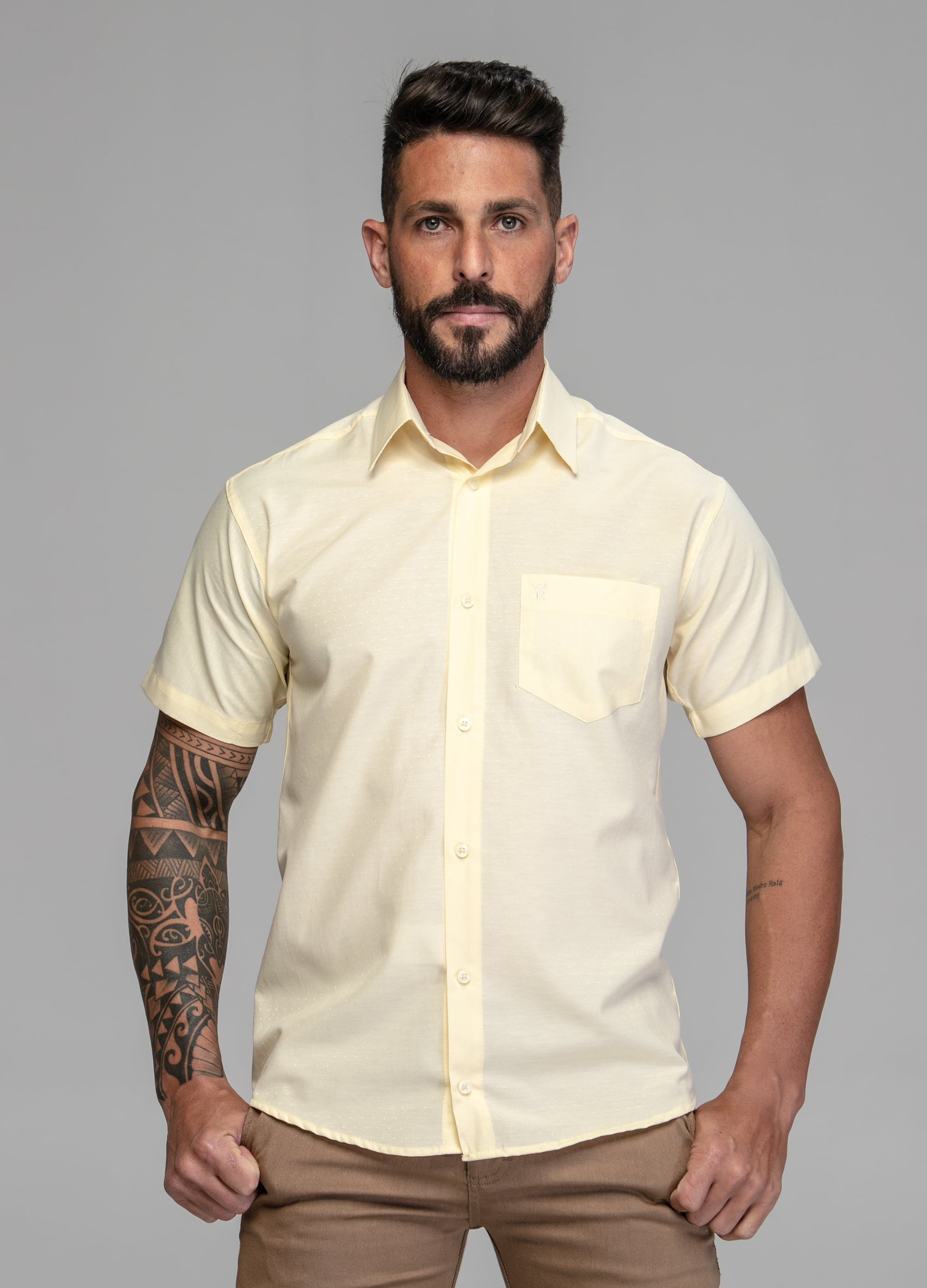 Camisa Social Masculina Manga Curta Amarela