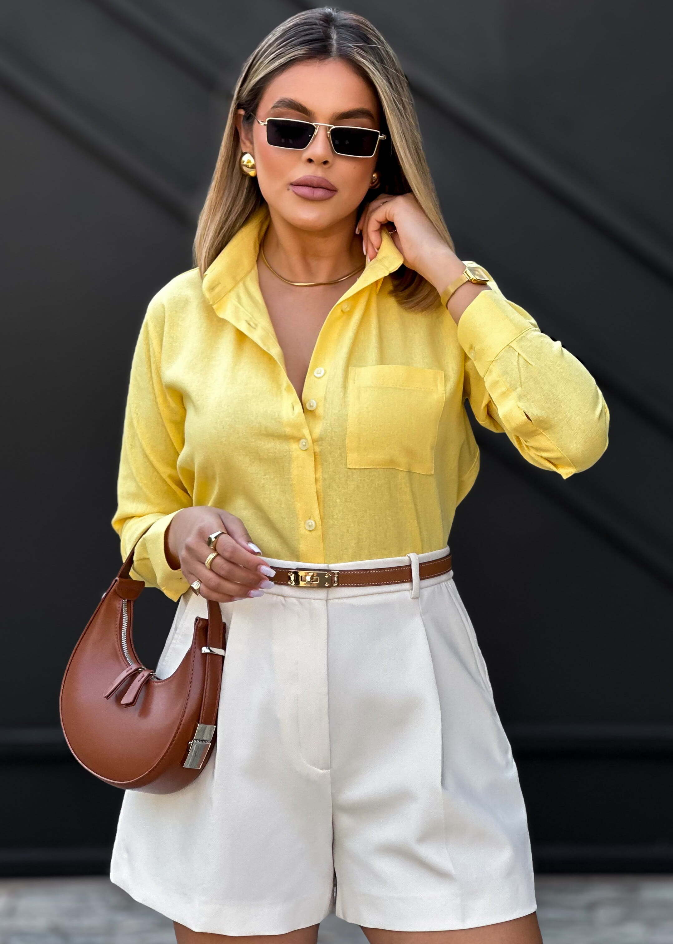 Camisa social feminina manga longa Alongada Amarela
