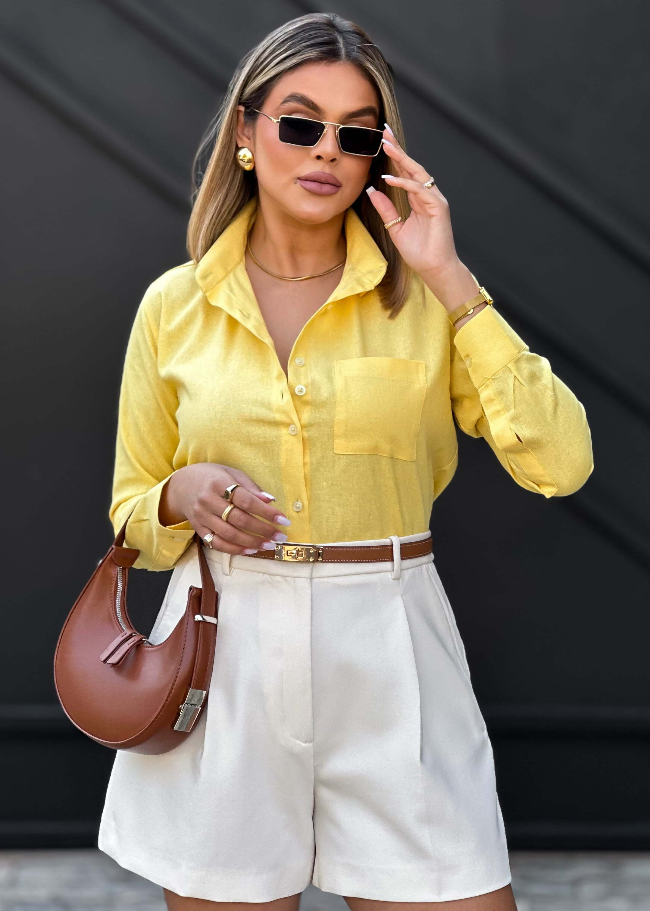 Camisa social feminina manga longa Alongada Amarela