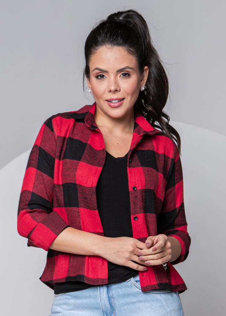 CAMISA FEMININA MANGA LONGA FLANELA XADREZ VERMELHA