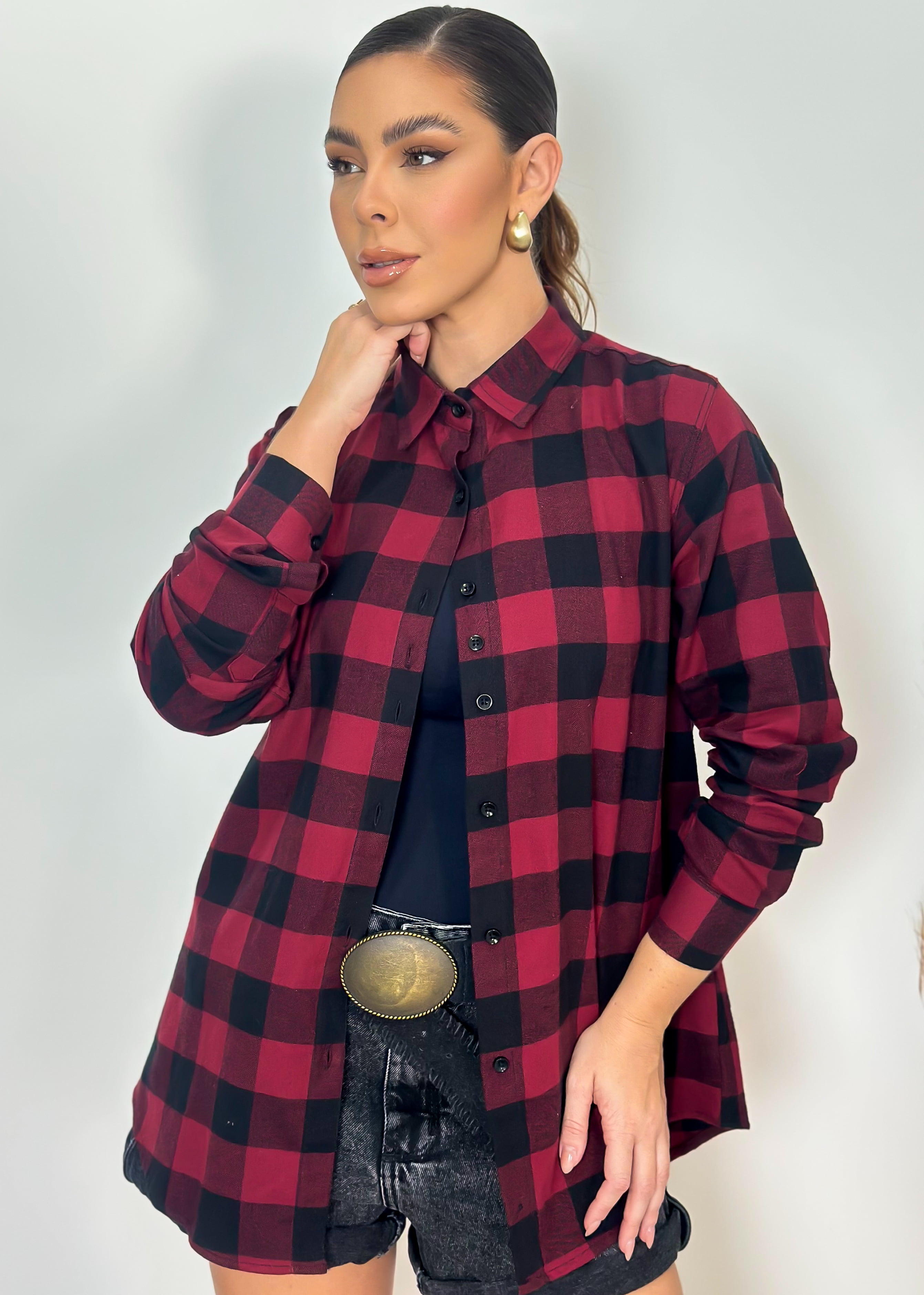 CAMISA FEMININA MANGA LONGA FLANELA XADREZ BORDÔ ALONGADA