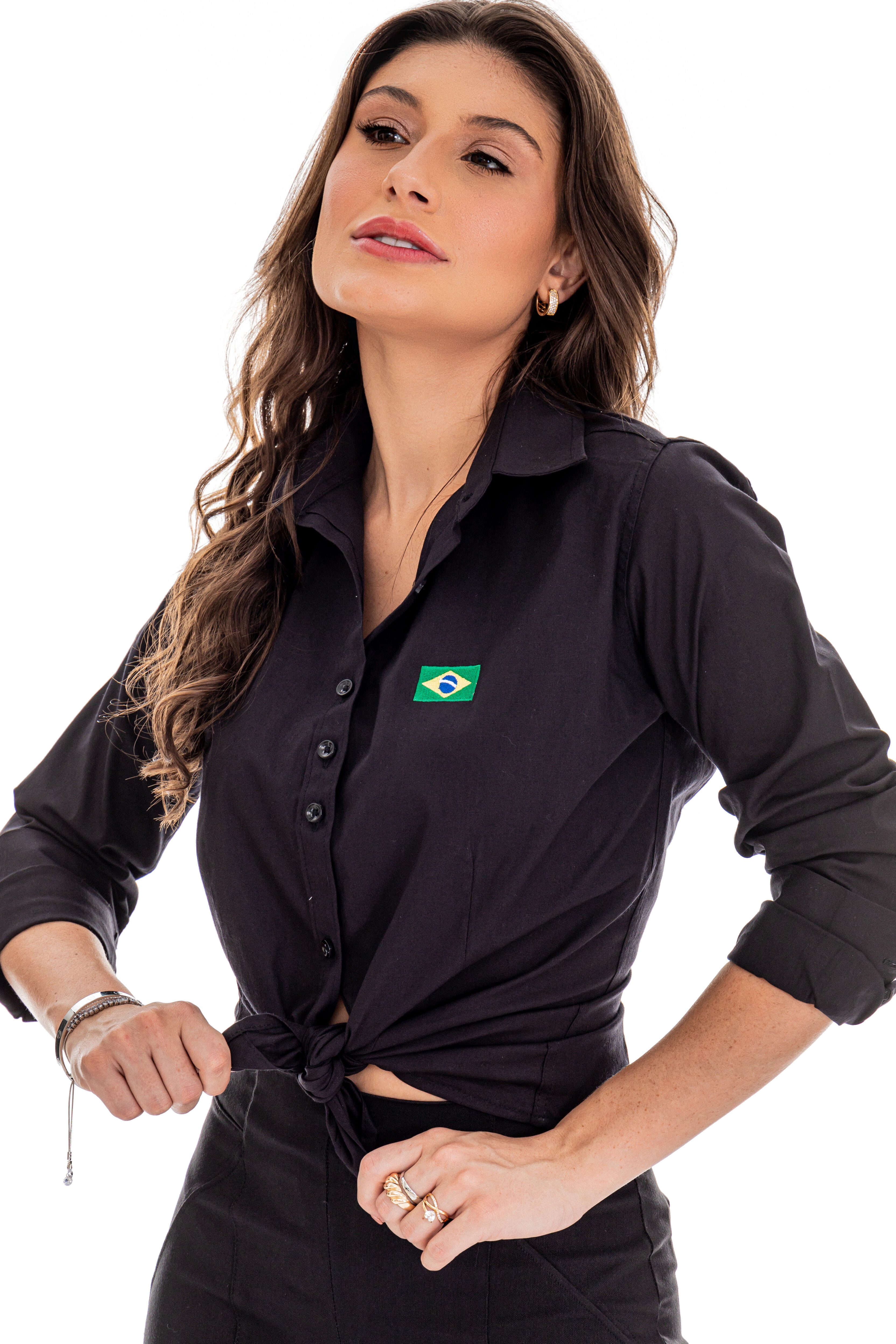 CAMISA FEMININA SOCIAL MANGA LONGA BRASIL PRETA - Elegance camisas