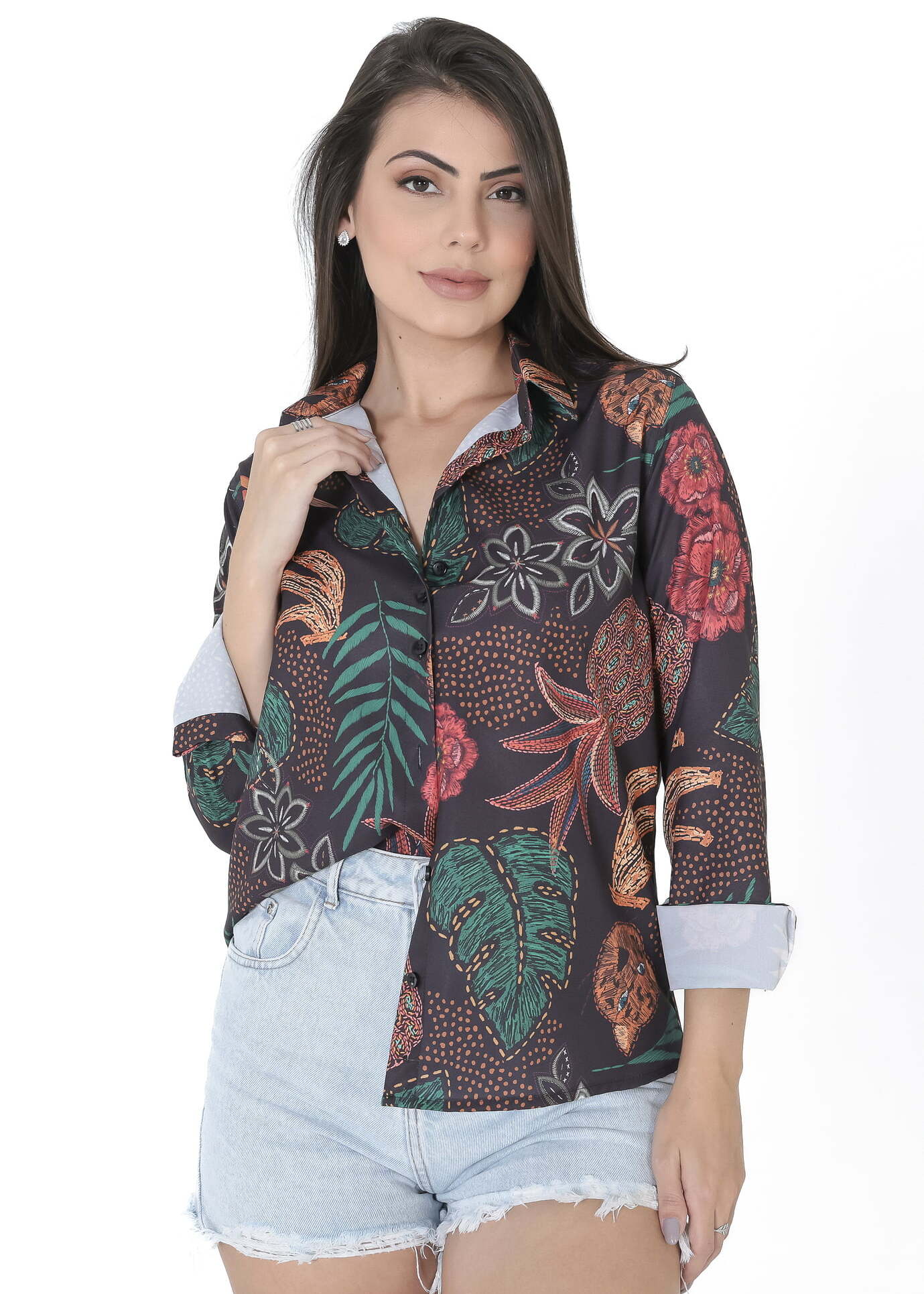 Estampa Floral Camisa Social Feminina Estampada Manga Longa Camisa