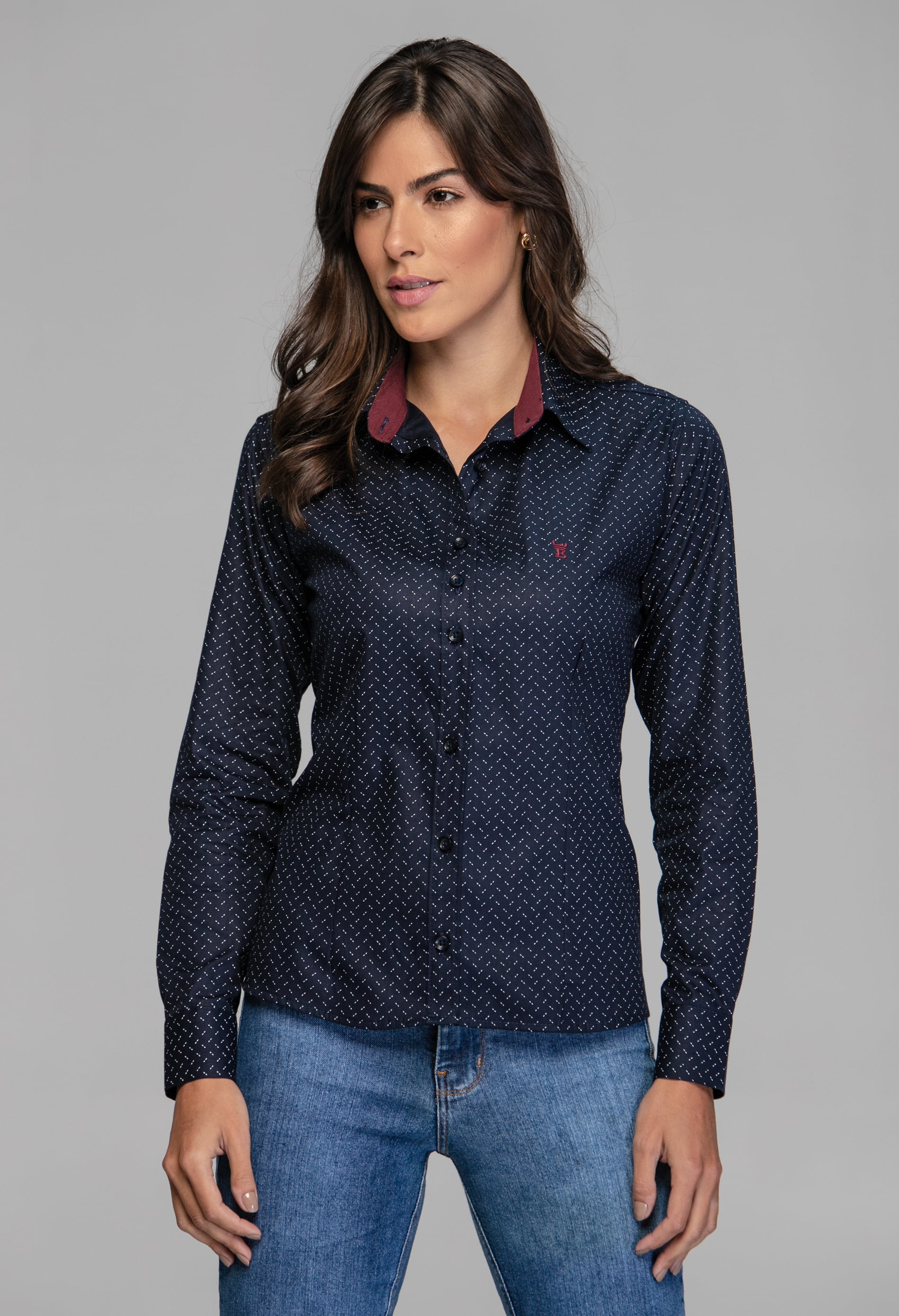 Camisa Feminina Social Manga Longa Micro Estampa Marinho Elegance Camisas