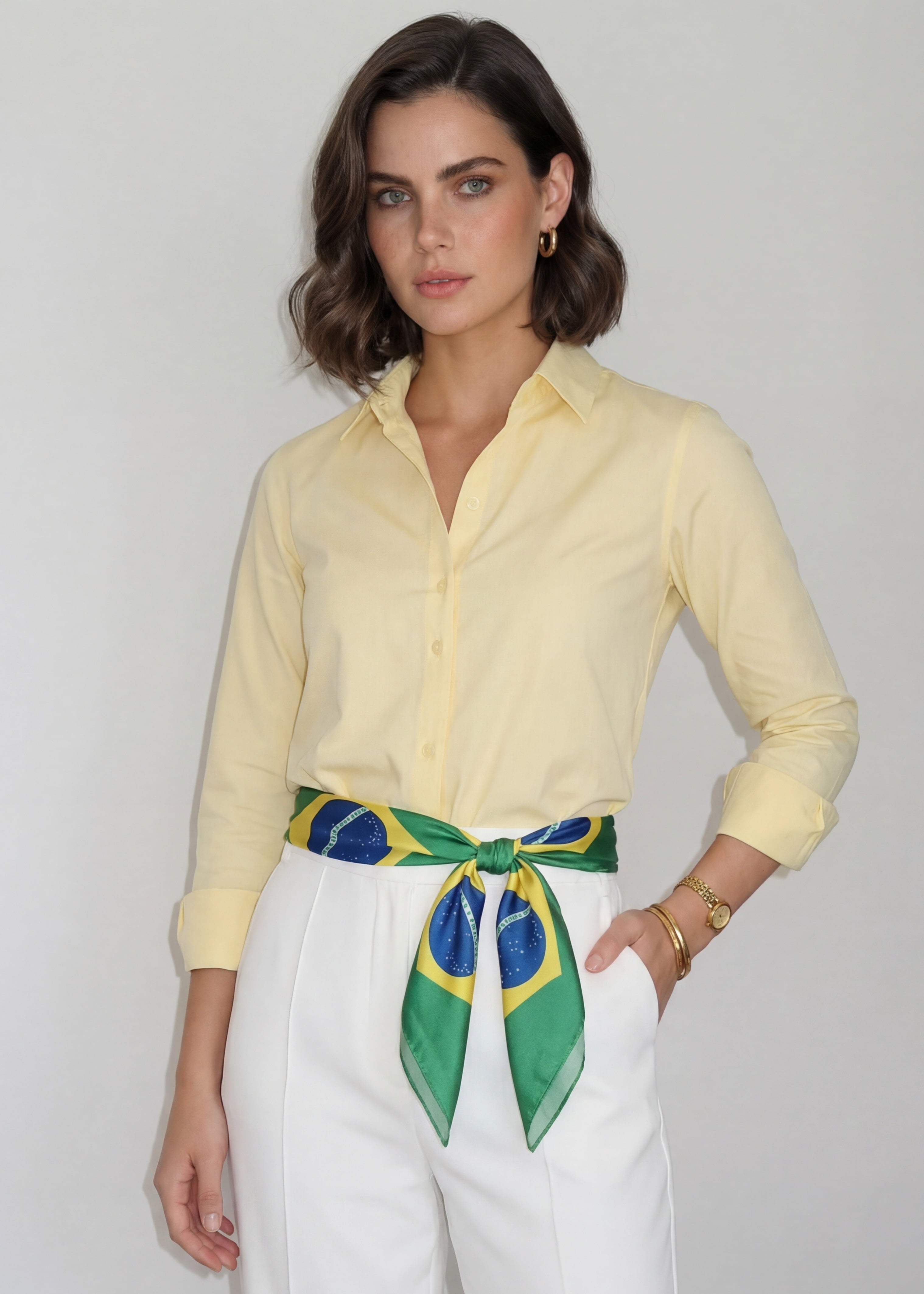 CAMISA FEMININA SOCIAL MANGA LONGA ULTRA TECH AMARELA + LENÇO DO BRASIL