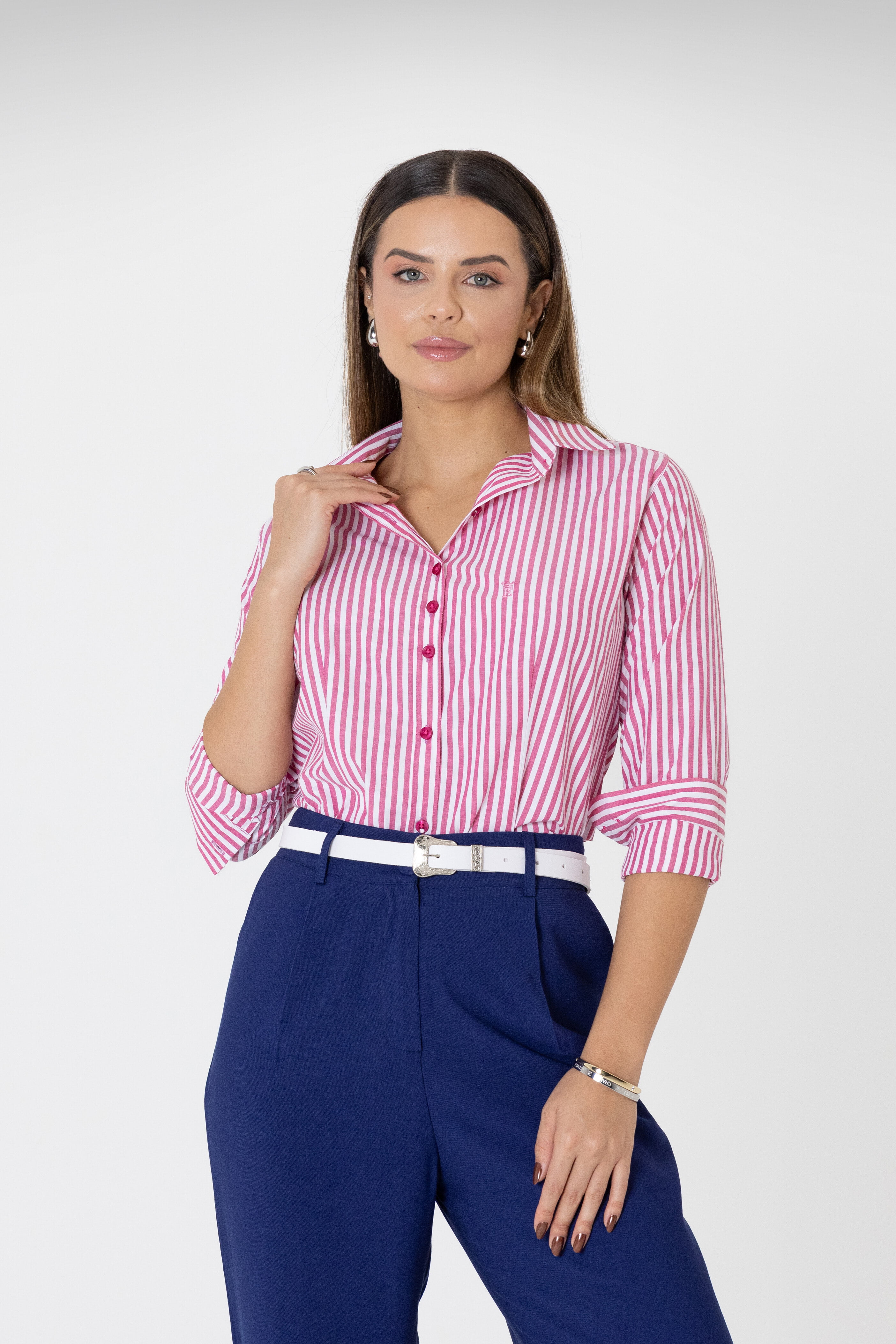 Camisa Feminina Social Manga Longa Listrada Rosa