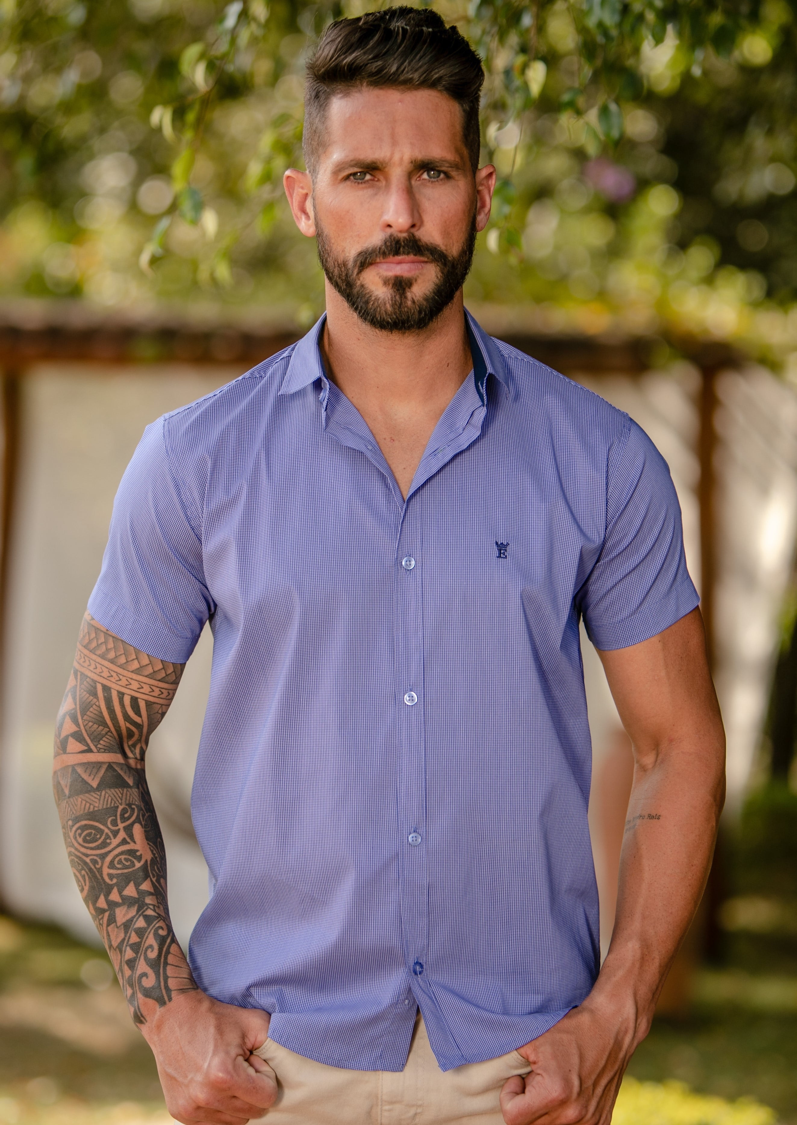 Camisa Slim Fit Xadrez Azul Petróleo