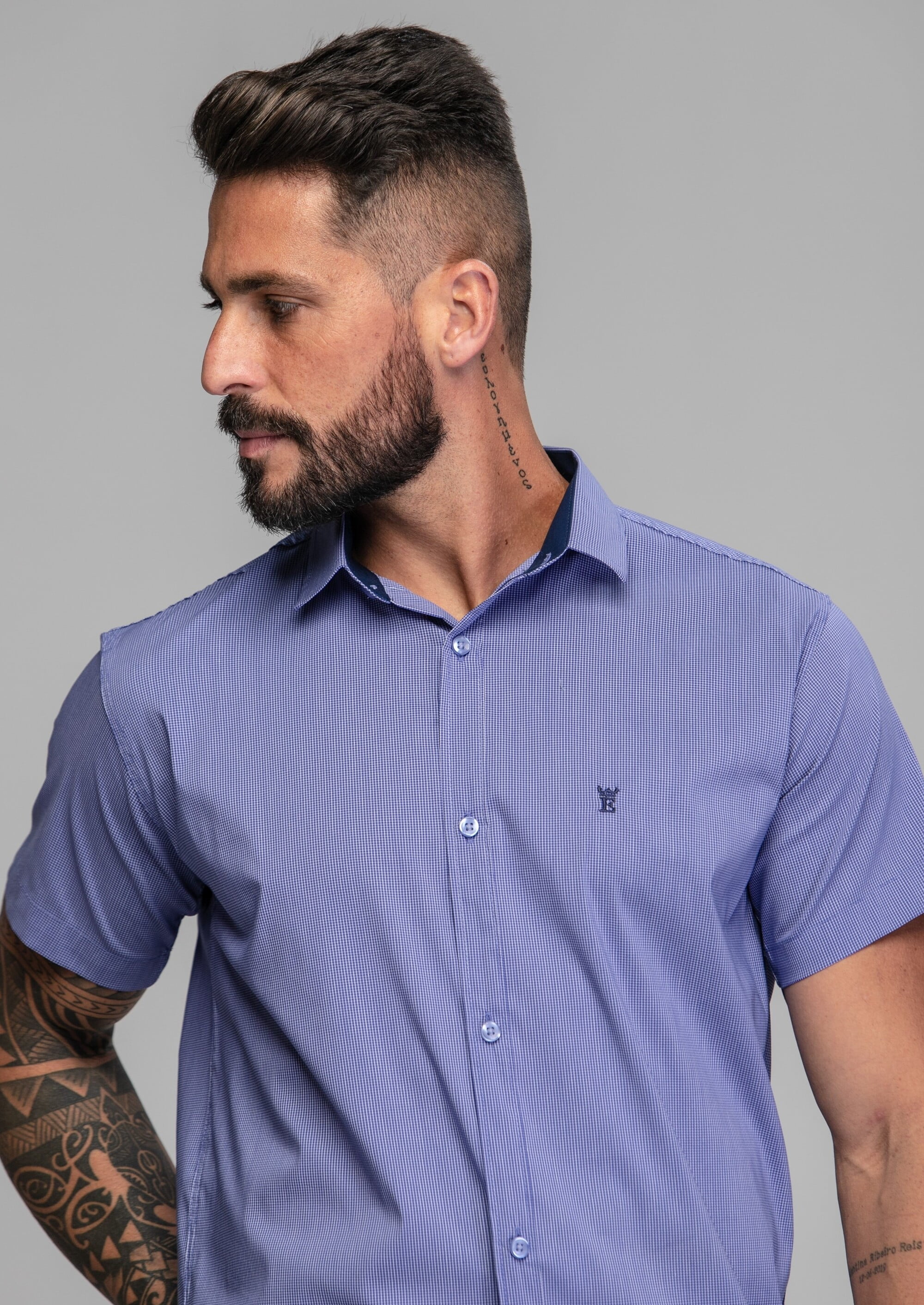 Camisa xadrez de algodão stretch com mangas curtas (Azul-marinho) - Homens