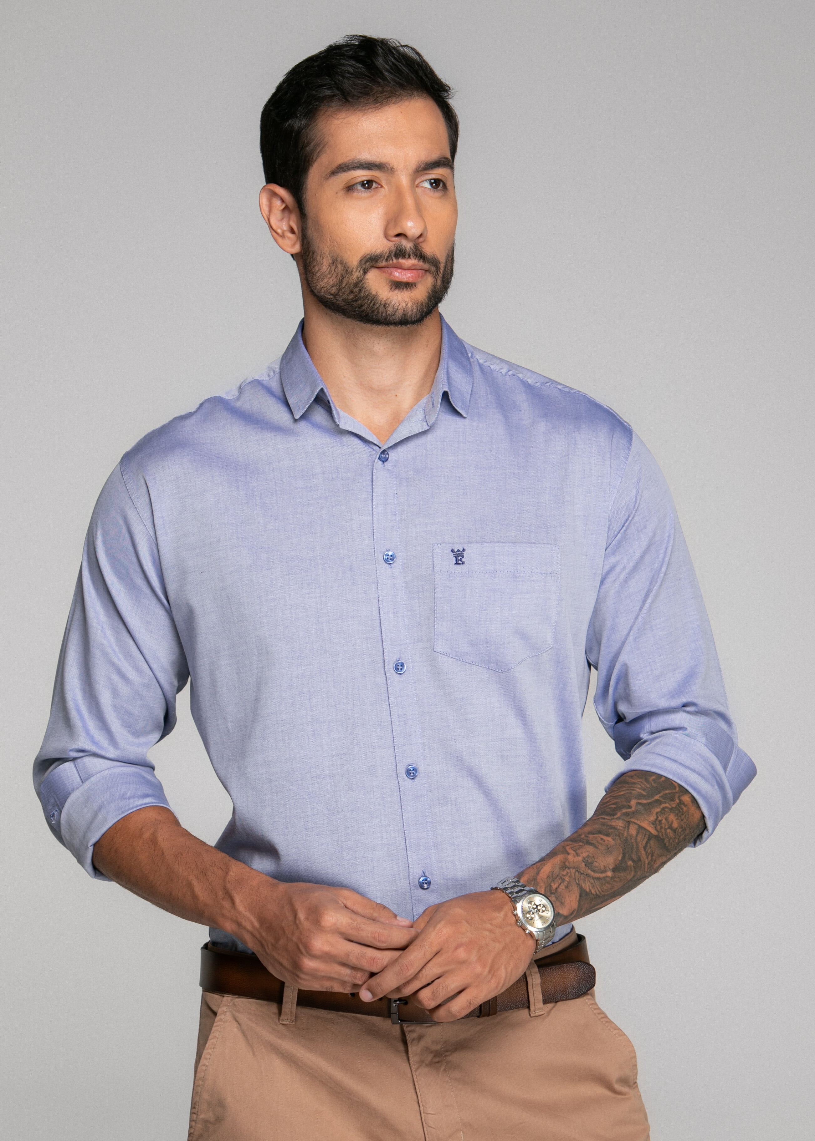 CAMISA MASCULINA SOCIAL TRADICIONAL MANGA LONGA CHAMBRAY AZUL 