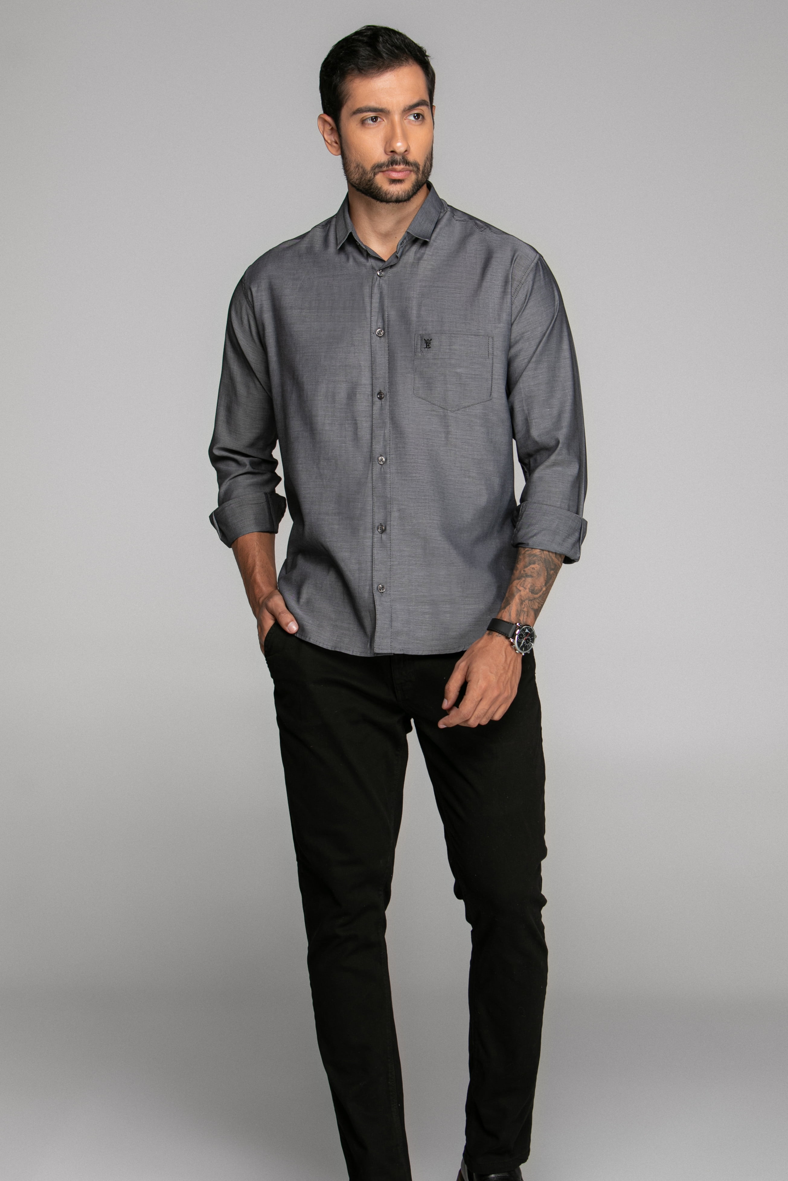CAMISA MASCULINA SOCIAL TRADICIONAL MANGA LONGA CHAMBRAY PRETA