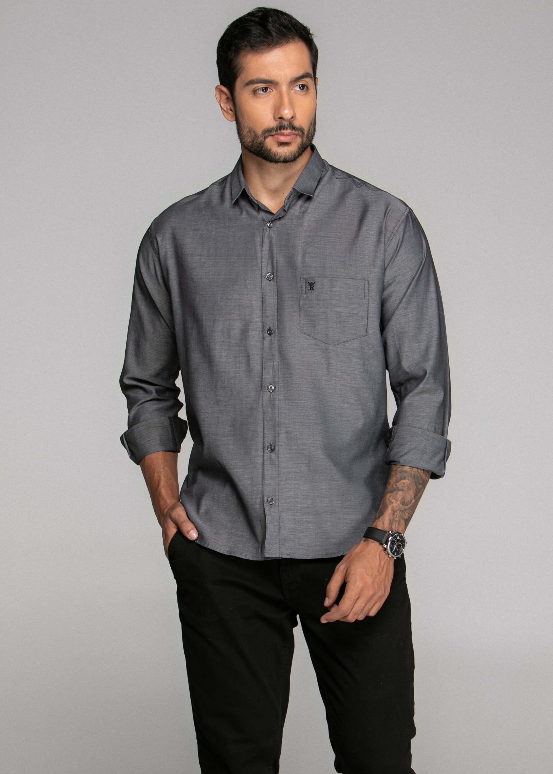CAMISA MASCULINA SOCIAL TRADICIONAL MANGA LONGA CHAMBRAY PRETA