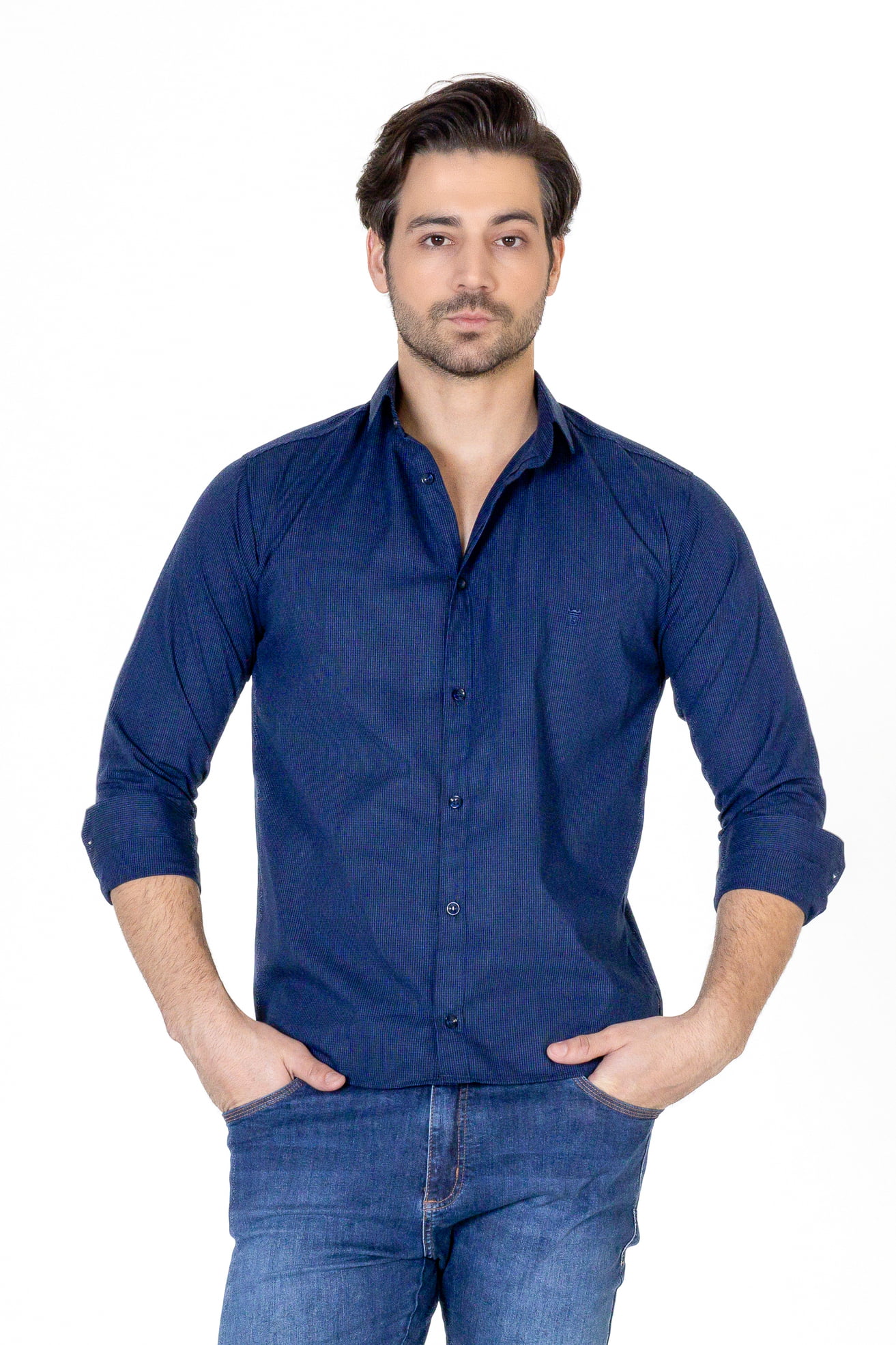 CAMISA MASCULINA SOCIAL SLIM FIT MANGA LONGA ALFAJOR MARINHO - Elegance  camisas