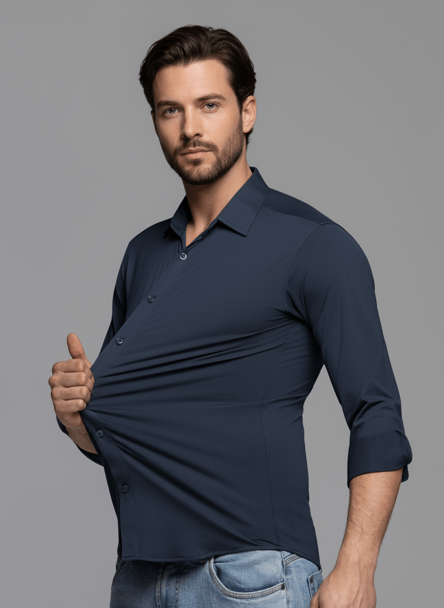 CAMISA MASCULINA SOCIAL SLIM FIT MANGA LONGA ULTRA TECH AZUL MARINHO 