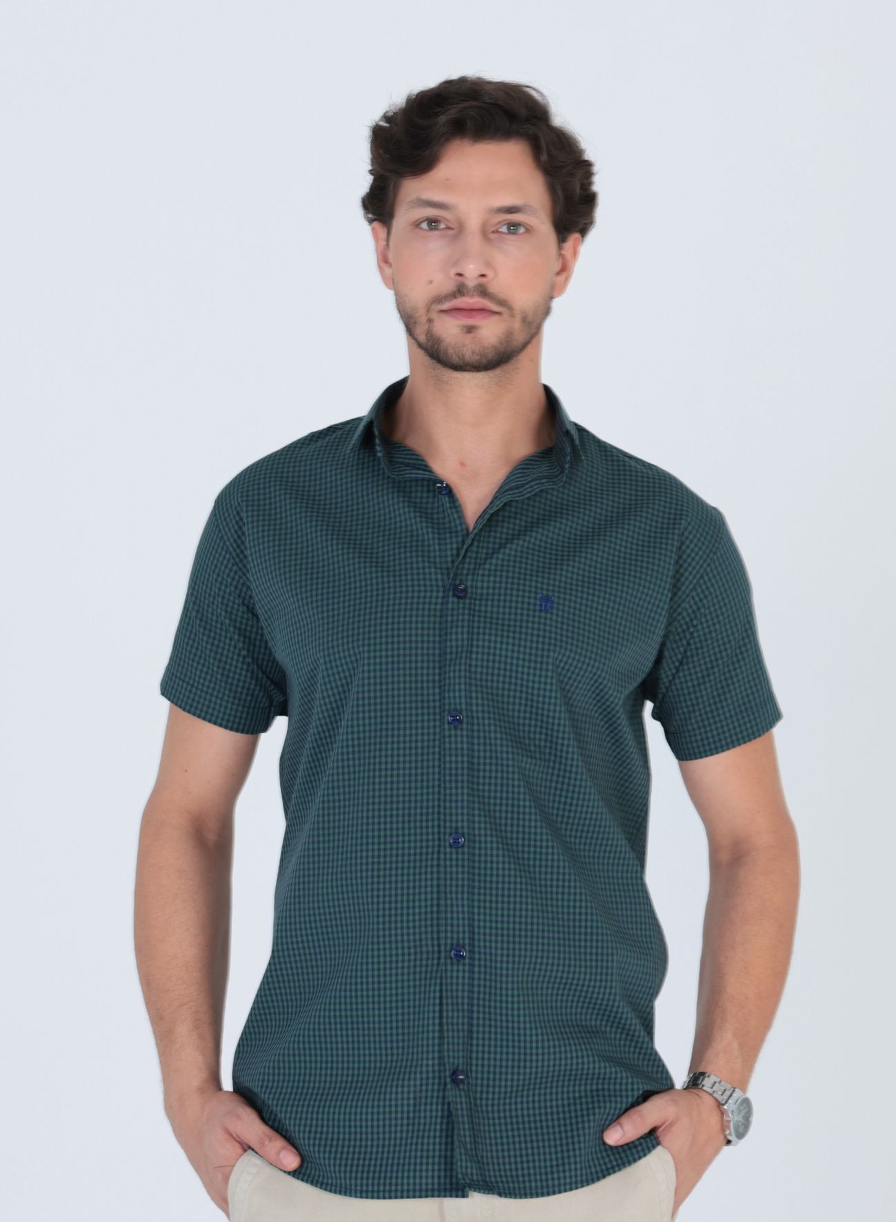 Camisa Masculina Social Slim Fit Manga Curta Xadrez Verde Elegance Camisas