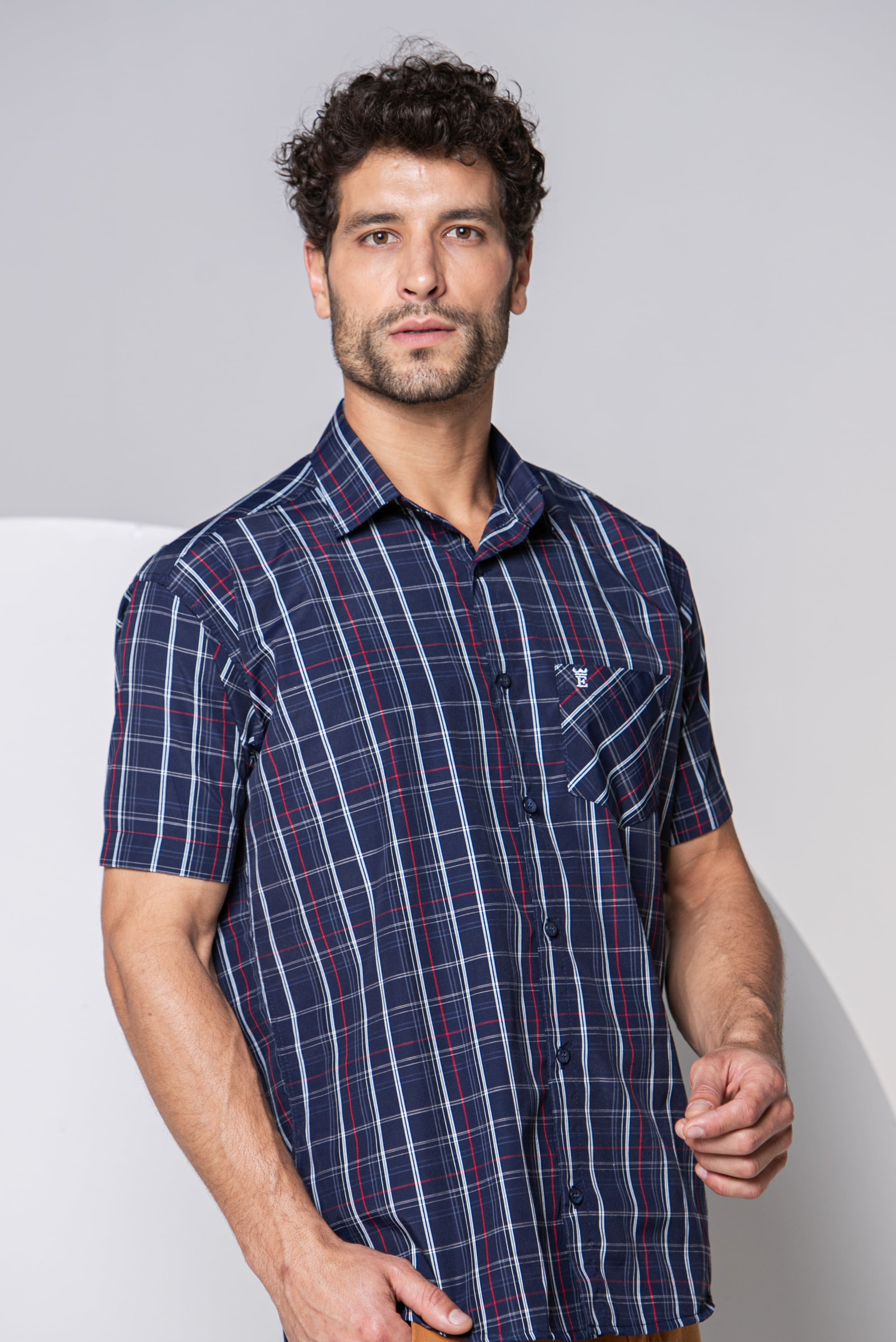 CAMISA MASCULINA SOCIAL TRADICIONAL  MANGA CURTA MILÃO MARINHO
