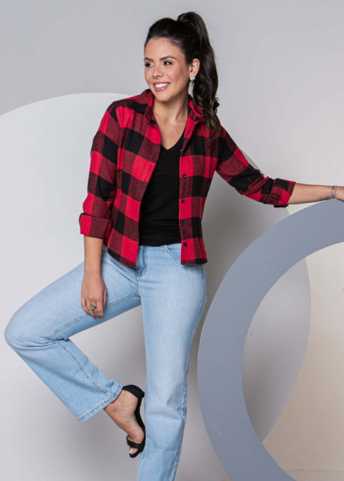 CAMISA FEMININA MANGA LONGA FLANELA XADREZ VERMELHA