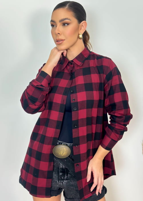 CAMISA FEMININA MANGA LONGA FLANELA XADREZ BORDÔ ALONGADA