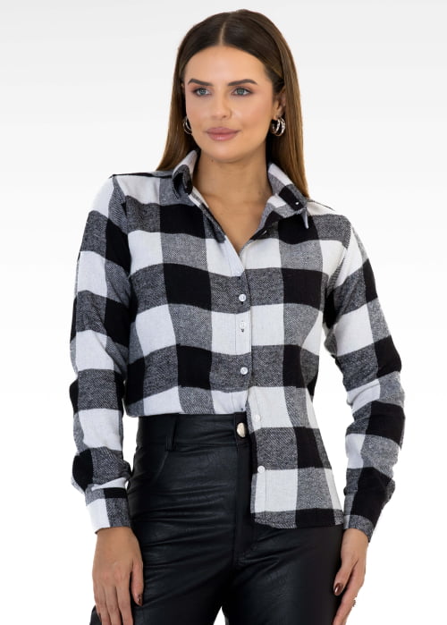 CAMISA XADREZ FEMININA MANGA LONGA FLANELA PRETA