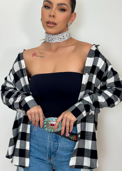 CAMISA FEMININA XADREZ FLANELA PRETA ALONGADA
