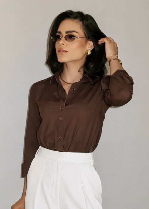 CAMISA FEMININA SOCIAL MANGA LONGA ULTRA TECH MARROM CAFÉ