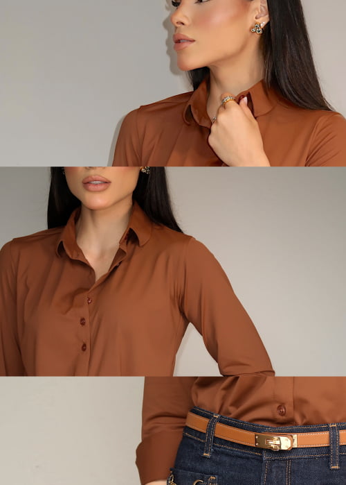 CAMISA FEMININA SOCIAL MANGA LONGA ULTRA TECH MARROM CAFÉ