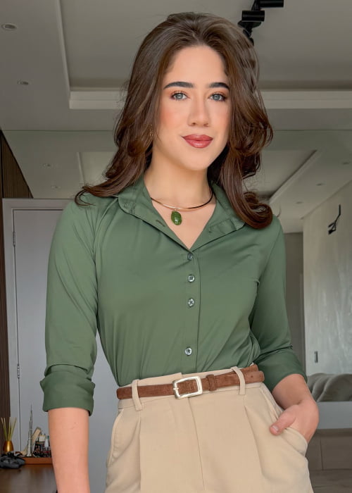 CAMISA FEMININA SOCIAL MANGA LONGA ULTRA TECH VERDE MUSGO