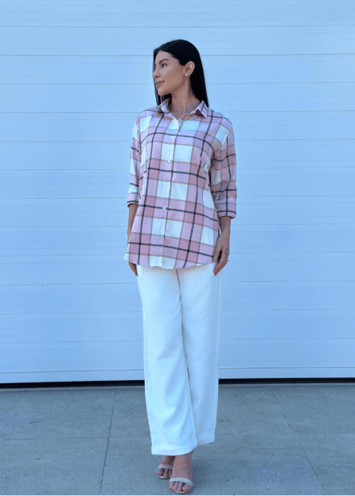CAMISA FEMININA XADREZ ROSA ALONGADA