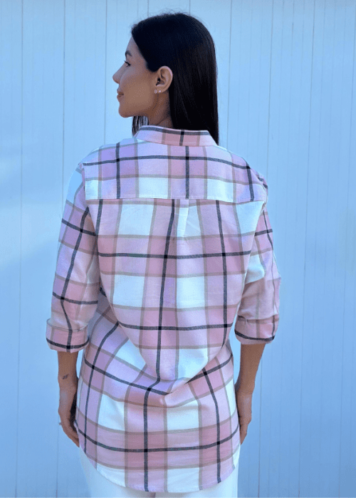 CAMISA FEMININA XADREZ ROSA ALONGADA