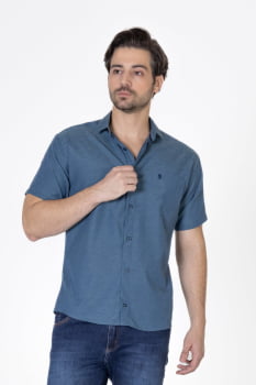 CAMISA MASCULINA SOCIAL TRADICIONAL MANGA CURTA MAQUINETADA AZUL 