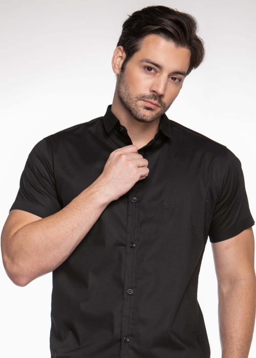 CAMISA MASCULINA SOCIAL SLIM FIT MANGA CURTA PRETA-com elastano