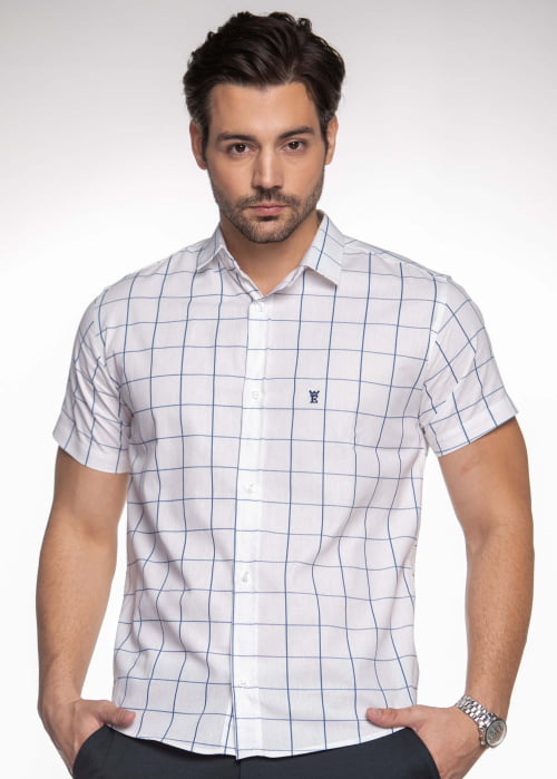 CAMISA MASCULINA SOCIAL SLIM FIT MANGA CURTA XADREZ KANSAS