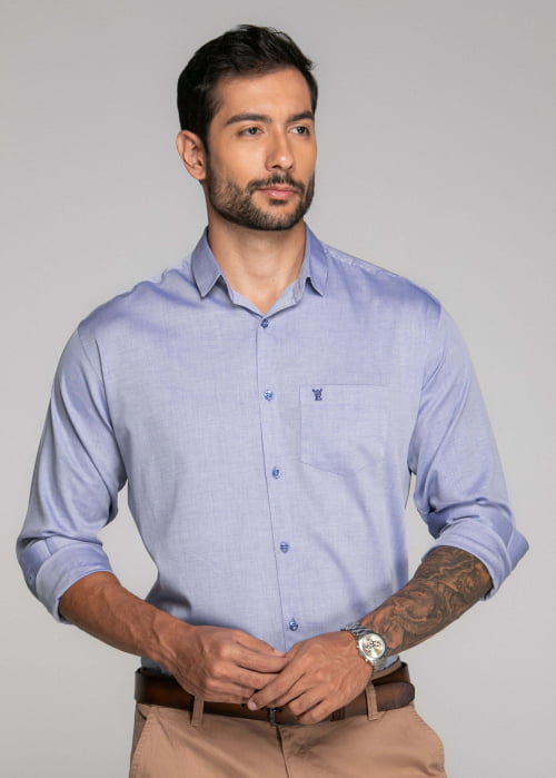 CAMISA MASCULINA SOCIAL TRADICIONAL MANGA LONGA CHAMBRAY AZUL 