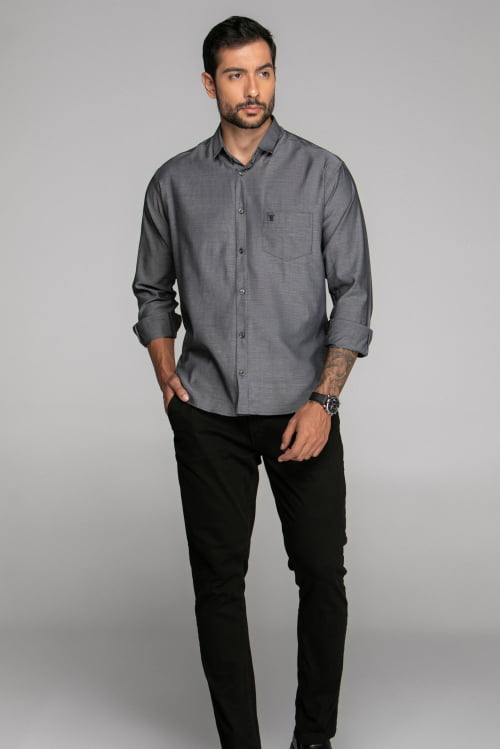 CAMISA MASCULINA SOCIAL TRADICIONAL MANGA LONGA CHAMBRAY PRETA