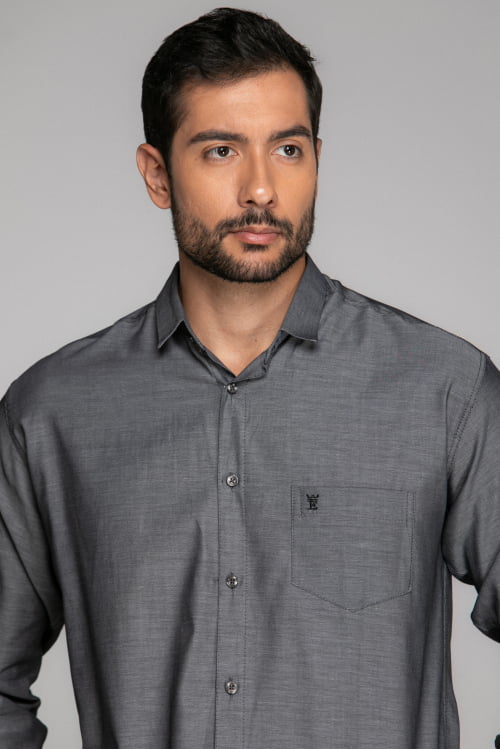 CAMISA MASCULINA SOCIAL TRADICIONAL MANGA LONGA CHAMBRAY PRETA