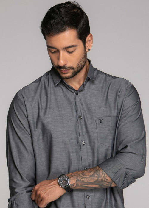 CAMISA MASCULINA SOCIAL TRADICIONAL MANGA LONGA CHAMBRAY PRETA