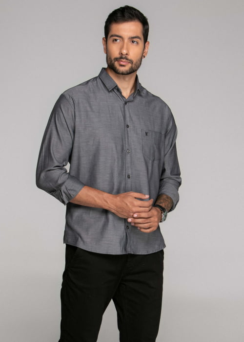 CAMISA MASCULINA SOCIAL TRADICIONAL MANGA LONGA CHAMBRAY PRETA