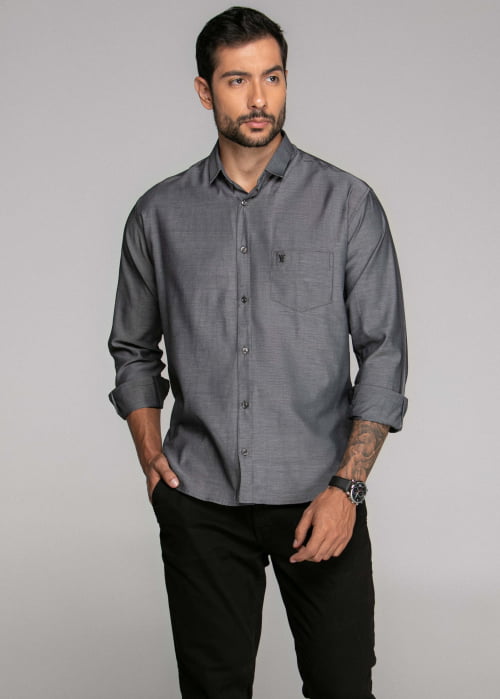 CAMISA MASCULINA SOCIAL TRADICIONAL MANGA LONGA CHAMBRAY PRETA