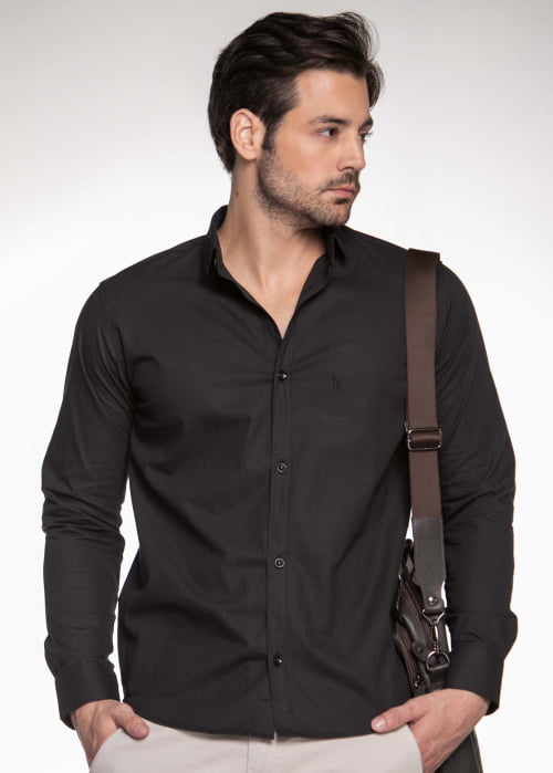 CAMISA MASCULINA SOCIAL SLIM FIT MANGA LONGA PRETA- com elastano