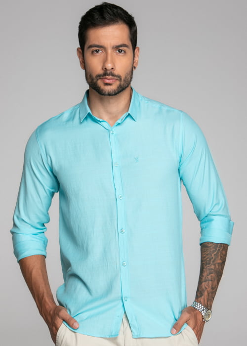 CAMISA MASCULINA SOCIAL SLIM FIT MANGA LONGA TURQUESA