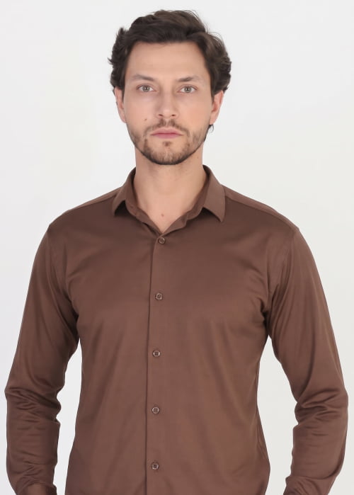 CAMISA MASCULINA SOCIAL SLIM FIT MANGA LONGA ULTRA TECH MARROM CAFÉ