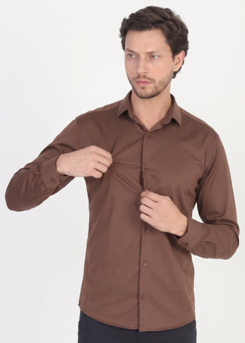 CAMISA MASCULINA SOCIAL SLIM FIT MANGA LONGA ULTRA TECH MARROM CAFÉ CAMISA MASCULINA SOCIAL SLIM FIT MANGA LONGA ULTRA TECH MARROM CAFÉ