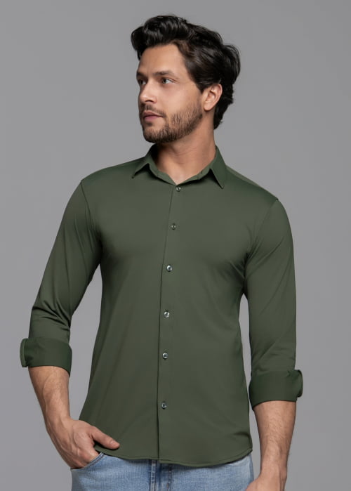 CAMISA MASCULINA SOCIAL SLIM FIT MANGA LONGA ULTRA TECH VERDE MUSGO