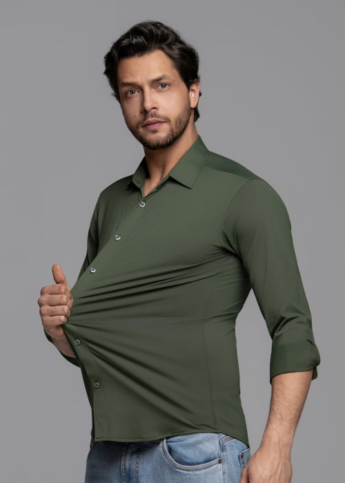 CAMISA MASCULINA SOCIAL SLIM FIT MANGA LONGA ULTRA TECH VERDE MUSGO