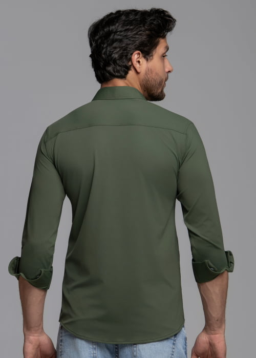 CAMISA MASCULINA SOCIAL SLIM FIT MANGA LONGA ULTRA TECH VERDE MUSGO