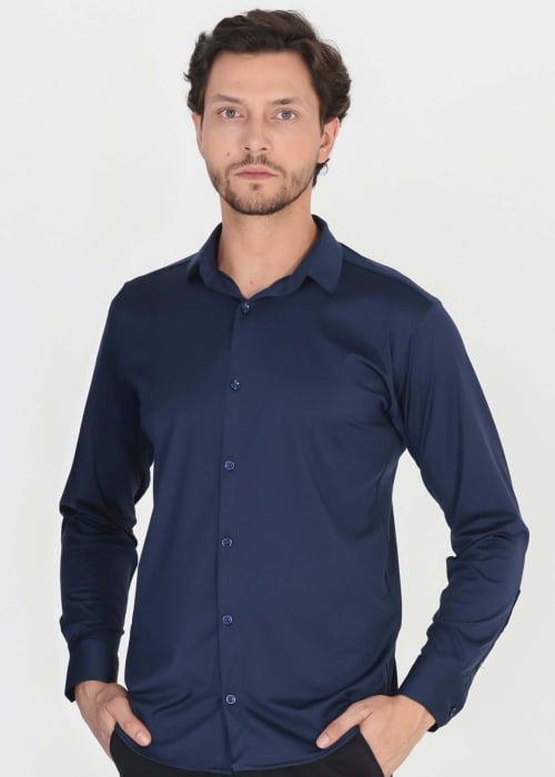 CAMISA MASCULINA SOCIAL SLIM FIT MANGA LONGA ULTRA TECH AZUL MARINHO 