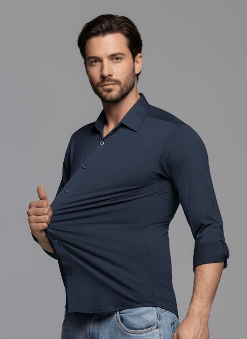 CAMISA MASCULINA SOCIAL SLIM FIT MANGA LONGA ULTRA TECH AZUL MARINHO 