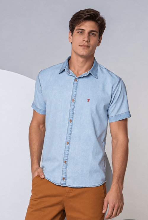 CAMISA MASCULINA SOCIAL SLIM FIT MANGA CURTA JEANS PREMIUM CAMISA MASCULINA SOCIAL SLIM FIT MANGA CURTA JEANS PREMIUM