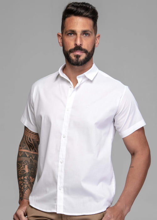 CAMISA MASCULINA SOCIAL SLIM FIT MANGA CURTA BRANCA- com elastano 